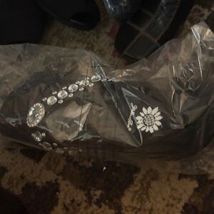 Yellow Box Black Sandals with Rhinestone Accents